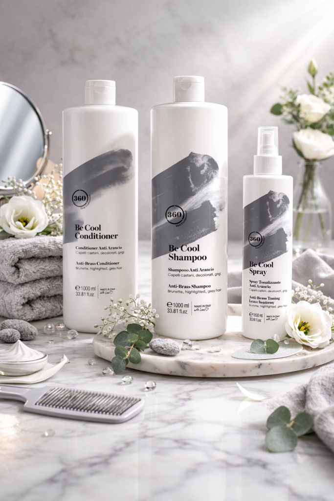 Profesionální řada 360 Hair Professional Be Cool – šampon, kondicionér a tónovací sprej proti mosazným tónům v kadeřnickém salonu Petry Oravcové v Litoměřicích.