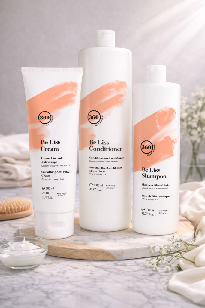 Profesionální vyhlazující řada 360 Hair Professional Be Liss – šampon, kondicionér a krém proti krepatění pro nepoddajné vlasy v salonu Petry Oravcové v Litoměřicích.