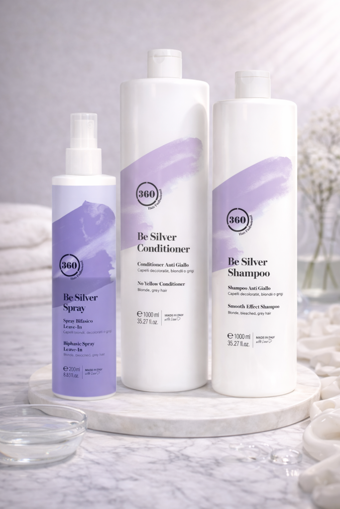 Profesionální řada 360 Hair Professional Be Silver pro blond, odbarvené a šedivé vlasy – fialový šampon, kondicionér a bezoplachový sprej proti nežádoucím žlutým odleskům v kadeřnictví Petry Oravcové v Litoměřicích.