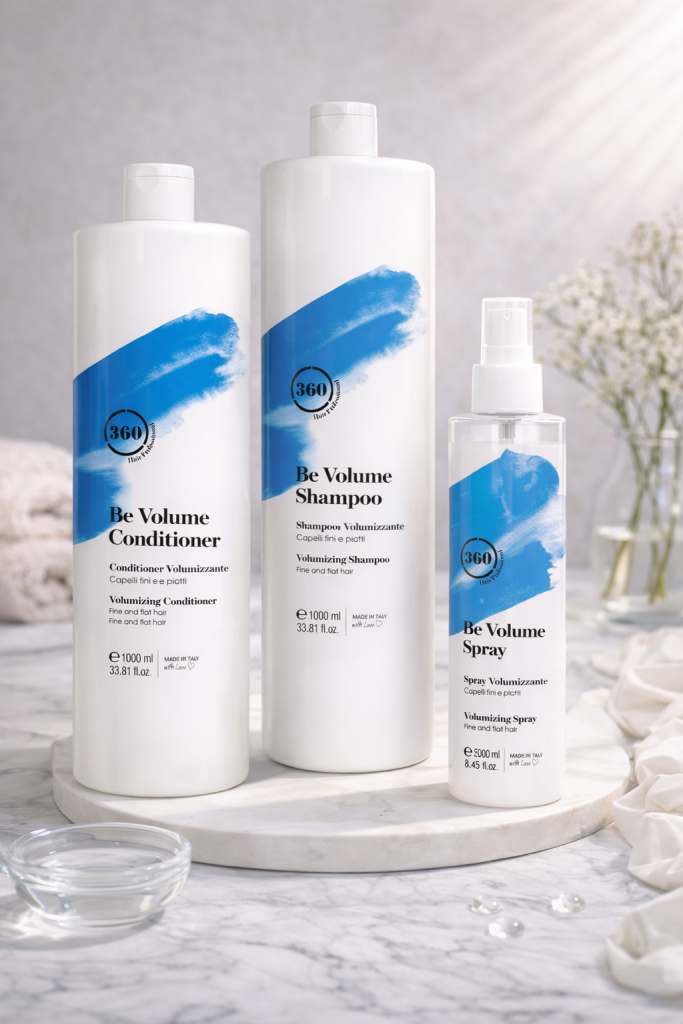 Profesionální řada 360 Hair Professional Be Volume pro objem jemných a zplihlých vlasů – objemový šampon, kondicionér a sprej v kadeřnickém salonu Petry Oravcové v Litoměřicích.