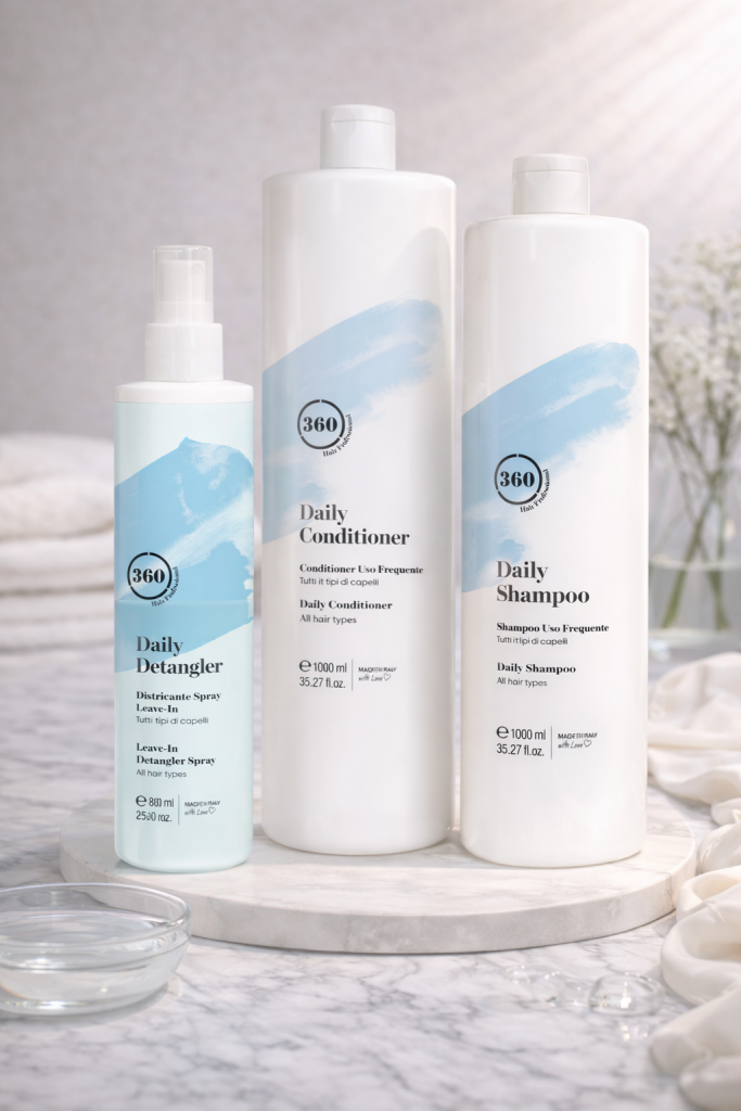 Profesionální řada 360 Hair Professional Daily pro každodenní péči o všechny typy vlasů – šampon, kondicionér a bezoplachový sprej pro snadné rozčesávání v kadeřnickém salonu Petry Oravcové v Litoměřicích.