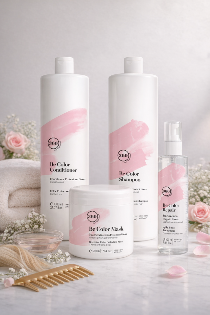 Profesionální italská vlasová kosmetika 360 Hair Professional – řada Be Color pro ochranu a regeneraci barvených vlasů v salonu Petry Oravcové v Litoměřicích.